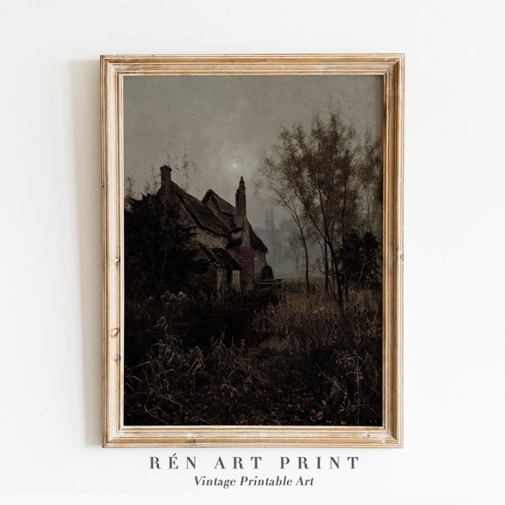 Moody Landscape Painting Wall Art Vintage Painting Dark Cottagecore Landscape Print Moody Wall Art Antique Print
