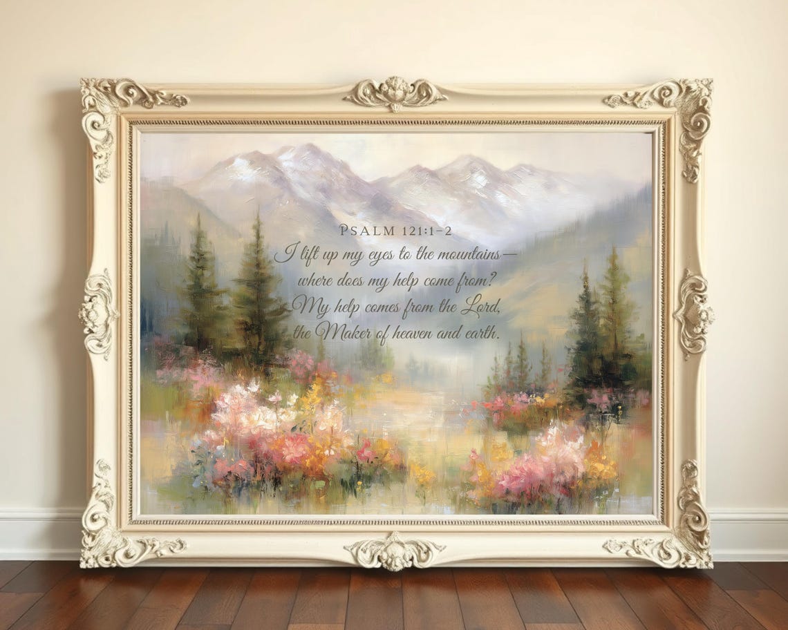 Psalm 121 Bible Verse Mountain Landscape Floral Christian Poster