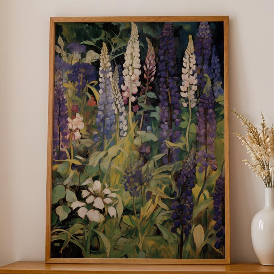 Purple Lupine Blooms Lush Summer Garden Painterly Floral Wall Art