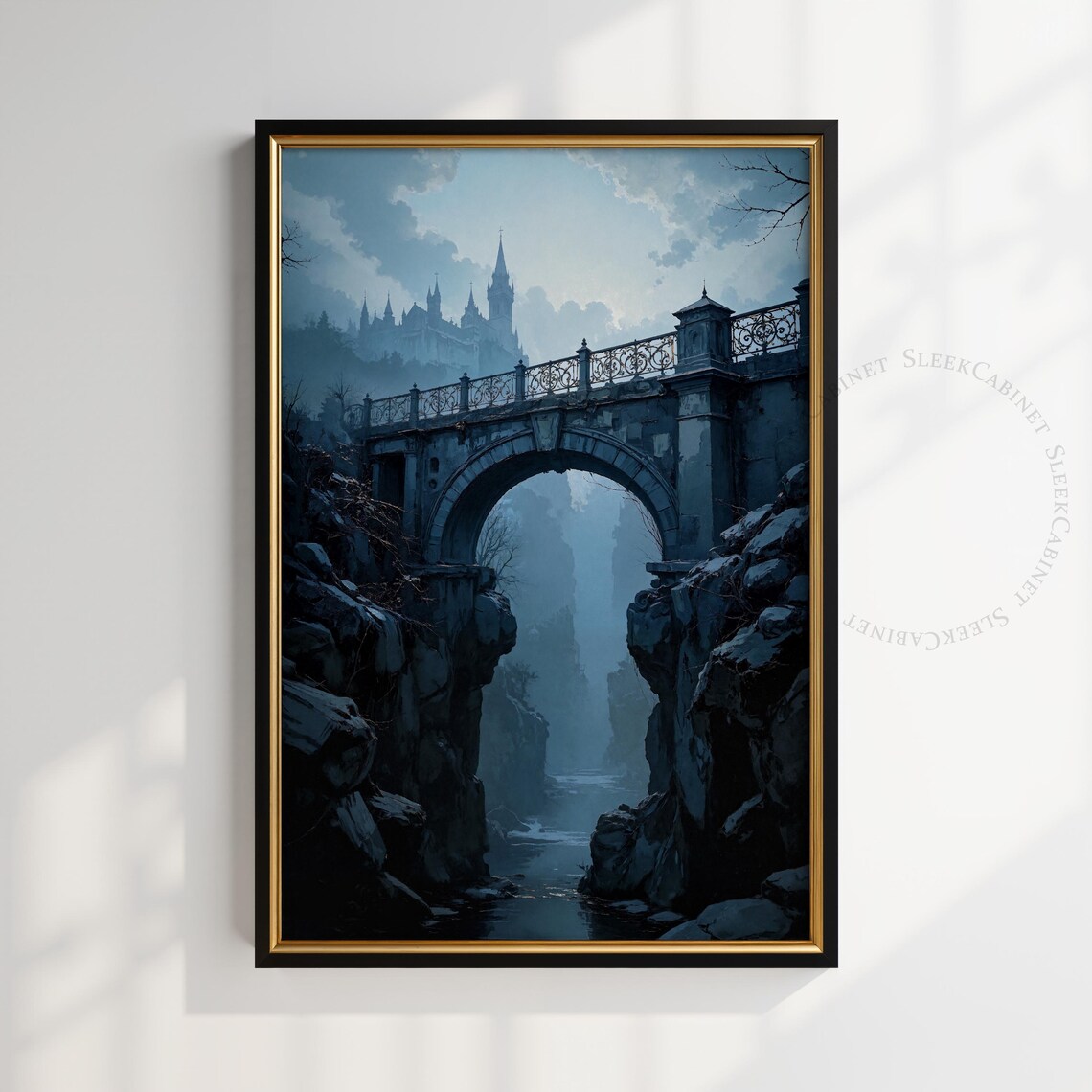 Misty Blue Stone Bridge to Castle Over Gorge Fantasy Art Poster