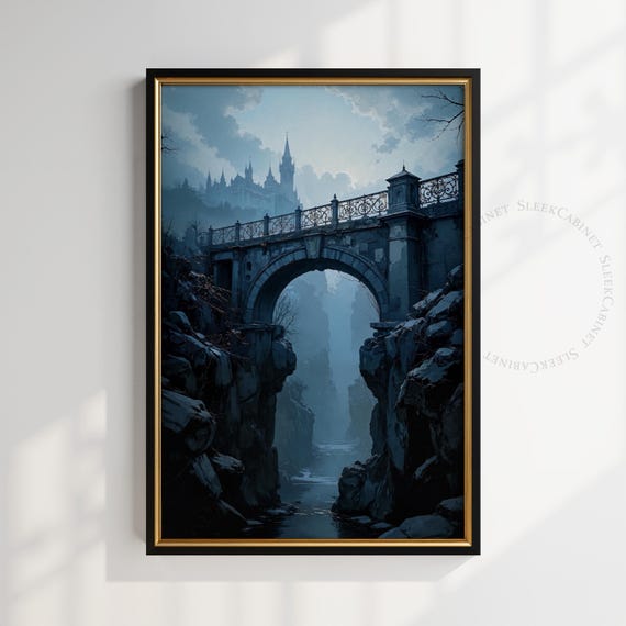 Gothic Castle Bridge Art Print Fantasy Landscape Wall Art Misty Blue Medieval Architecture Poster Dark Academia Decor Hjsuv