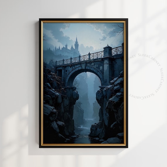 Misty Blue Stone Bridge to Castle Over Gorge Fantasy Art Poster