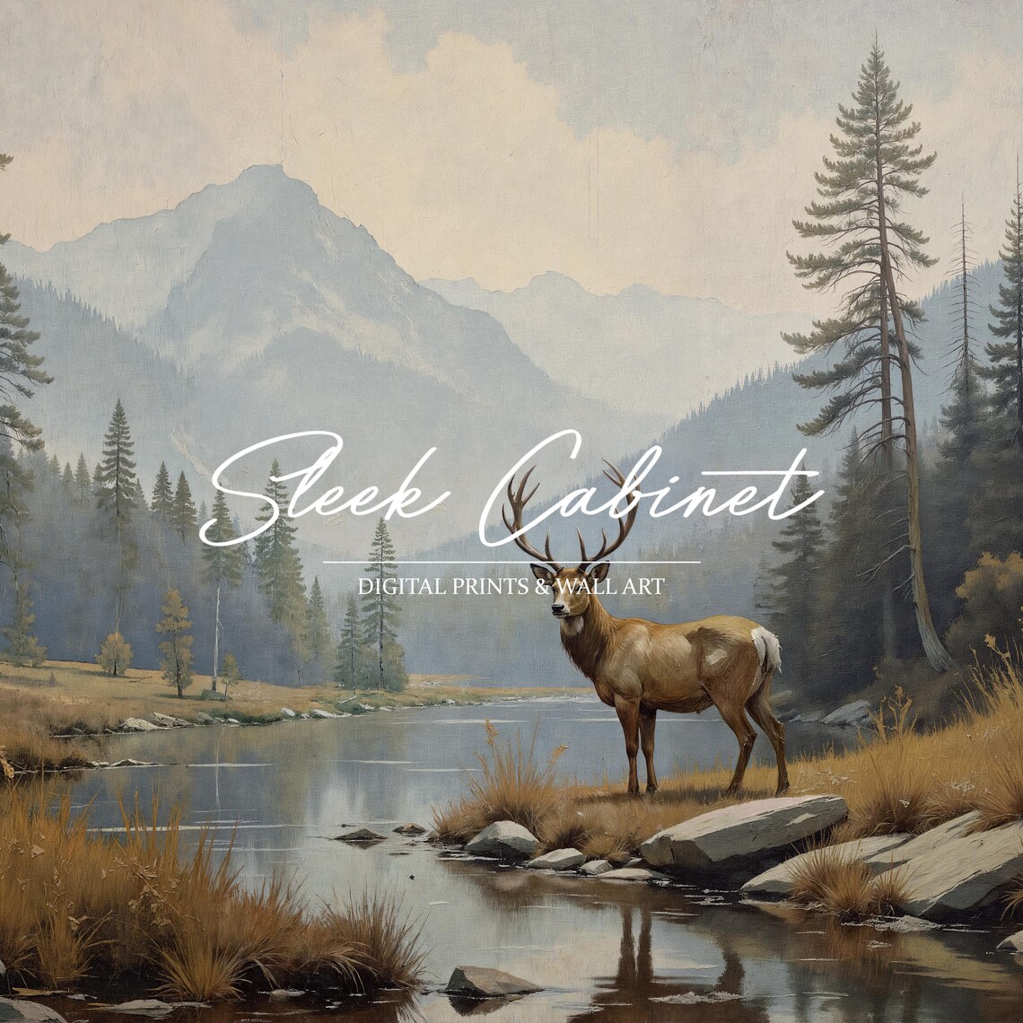 Majestic Stag Mountain Lake Pine Forest Vintage Wildlife Poster - Image 4