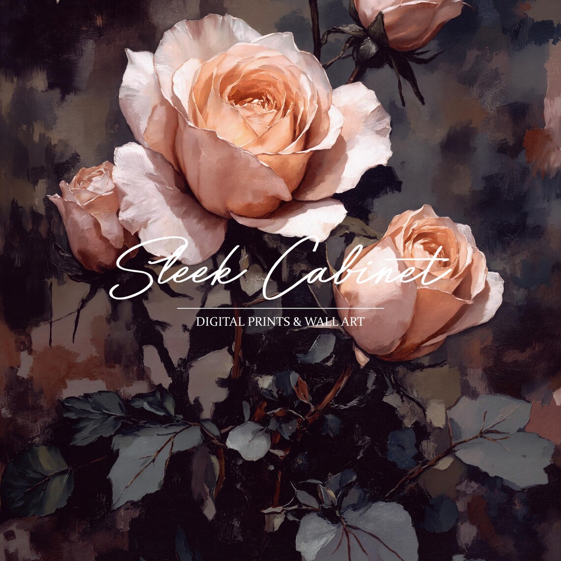 Peach Roses and Buds in Shadow Vintage Moody Floral Wall Art - Image 4