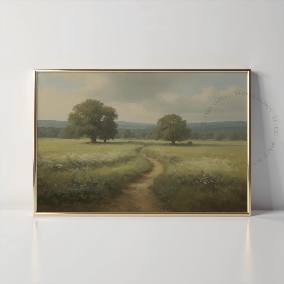 Winding Path Through Green Meadow Trees Vintage Landscape Print