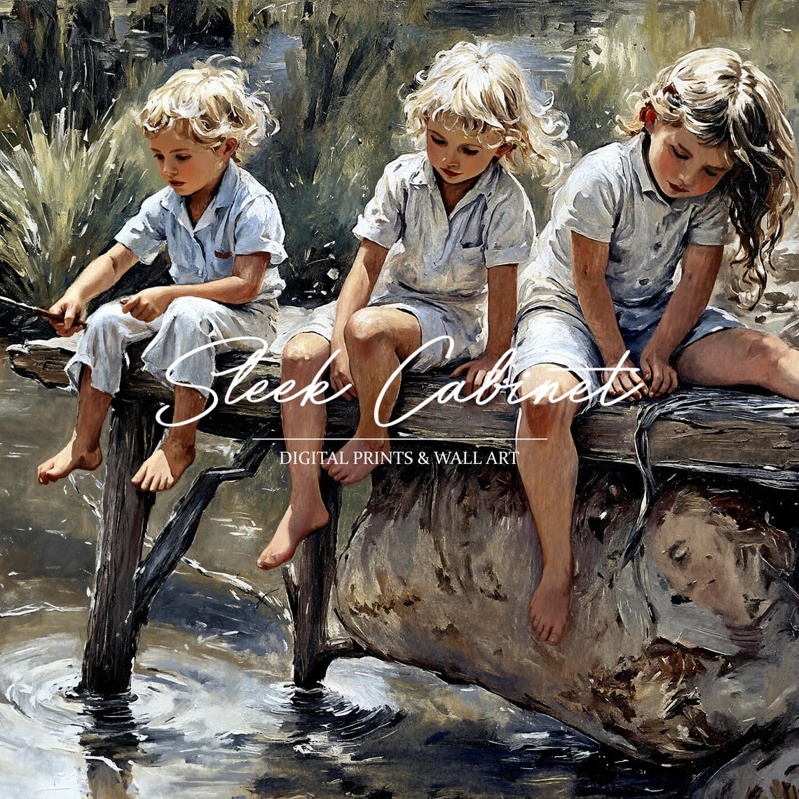 Barefoot Children Playing at Creek Summer Nostalgic Painting Poster - Image 4