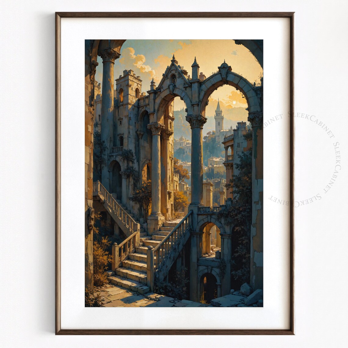 Gothic Medieval Castle Ruins Arches Golden Sunset Art Poster - Image 2