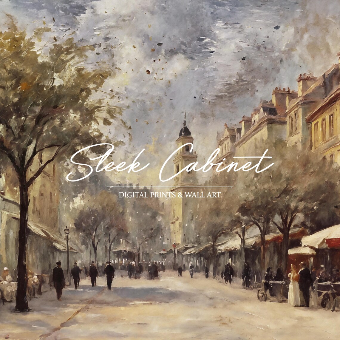 Paris Street Cafe Scene Church Tower Vintage Oil Painting Poster - Image 3