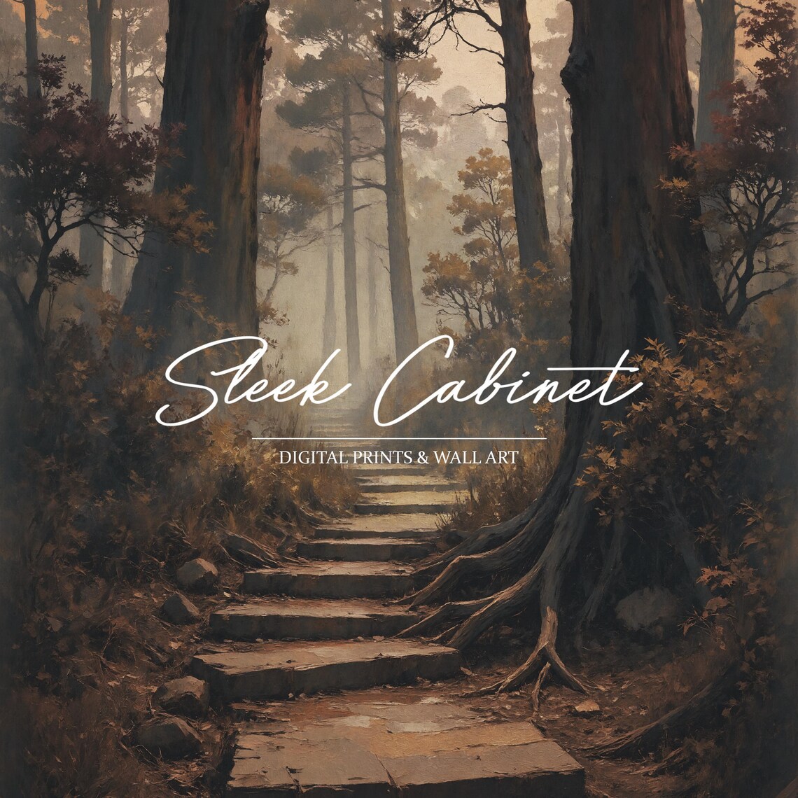 Misty Stone Steps Dark Forest Path Moody Woodland Art Poster - Image 4