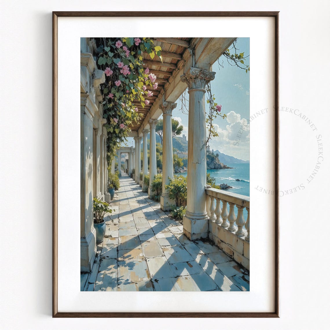 Sunlit Mediterranean Terrace Columns Sea View Vintage Travel Print - Image 2