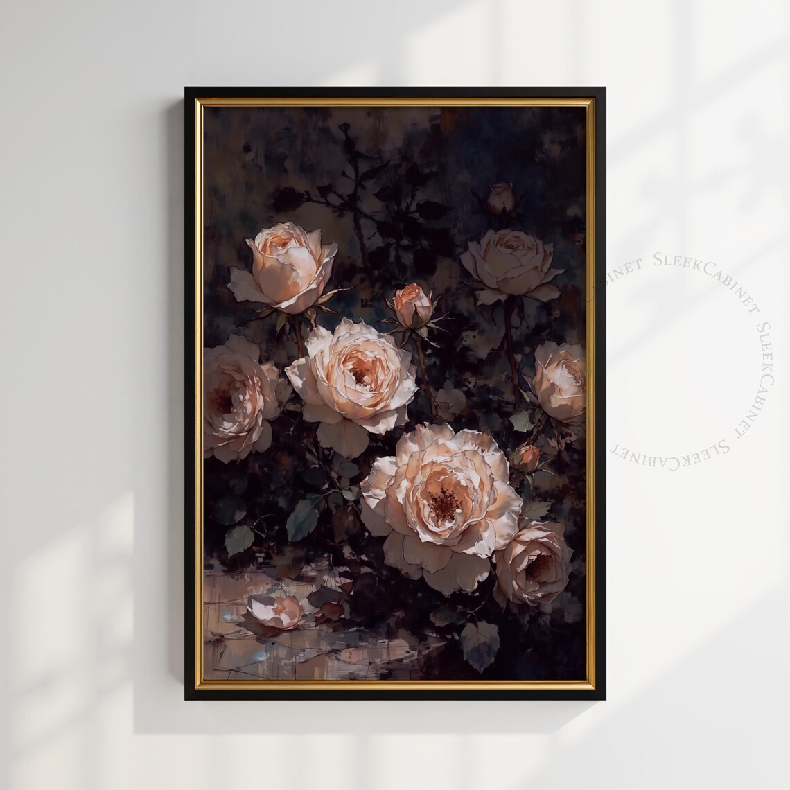 Moonlit Peach Roses on Dark Textured Vintage Botanical Wall Art