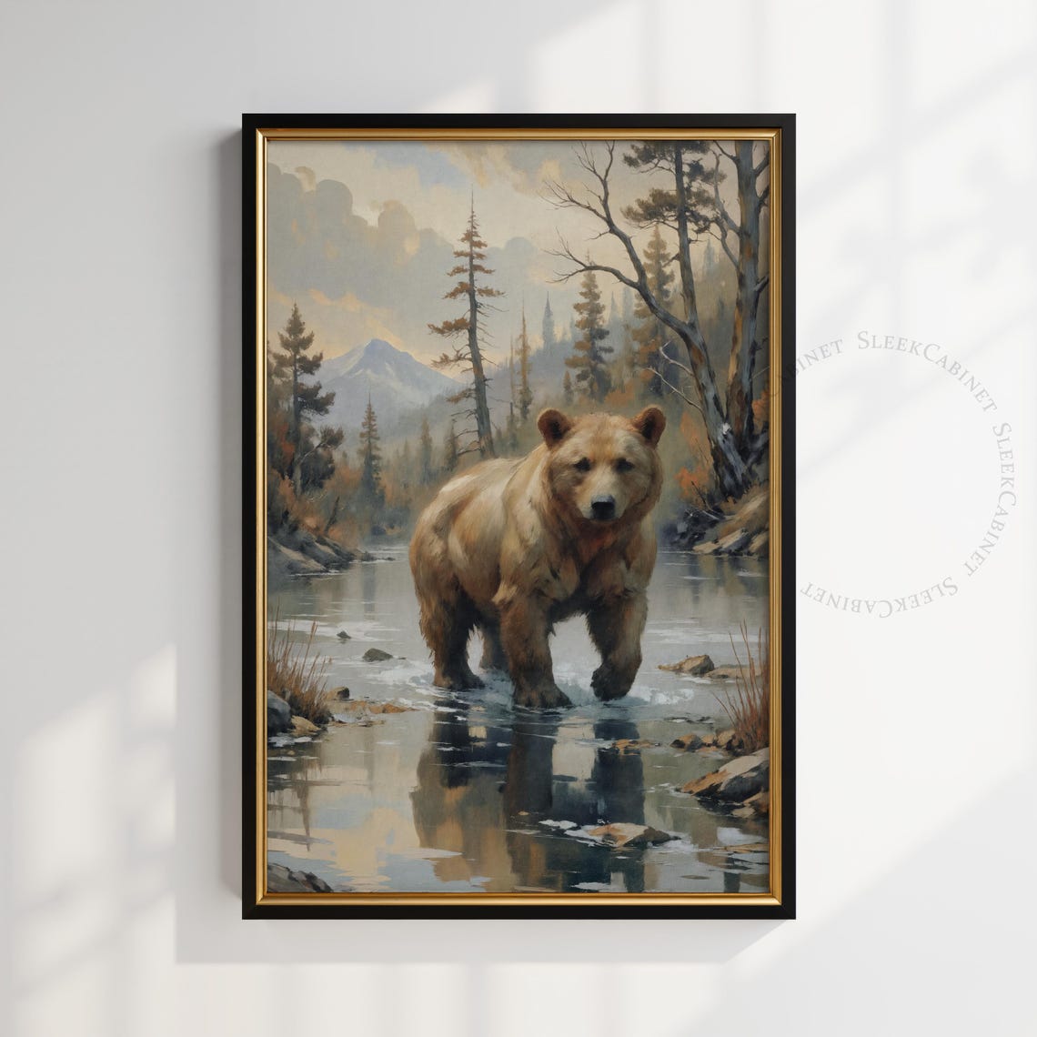 Brown Bear Mountain Stream Pine Forest Rustic Wildlife Art Poster