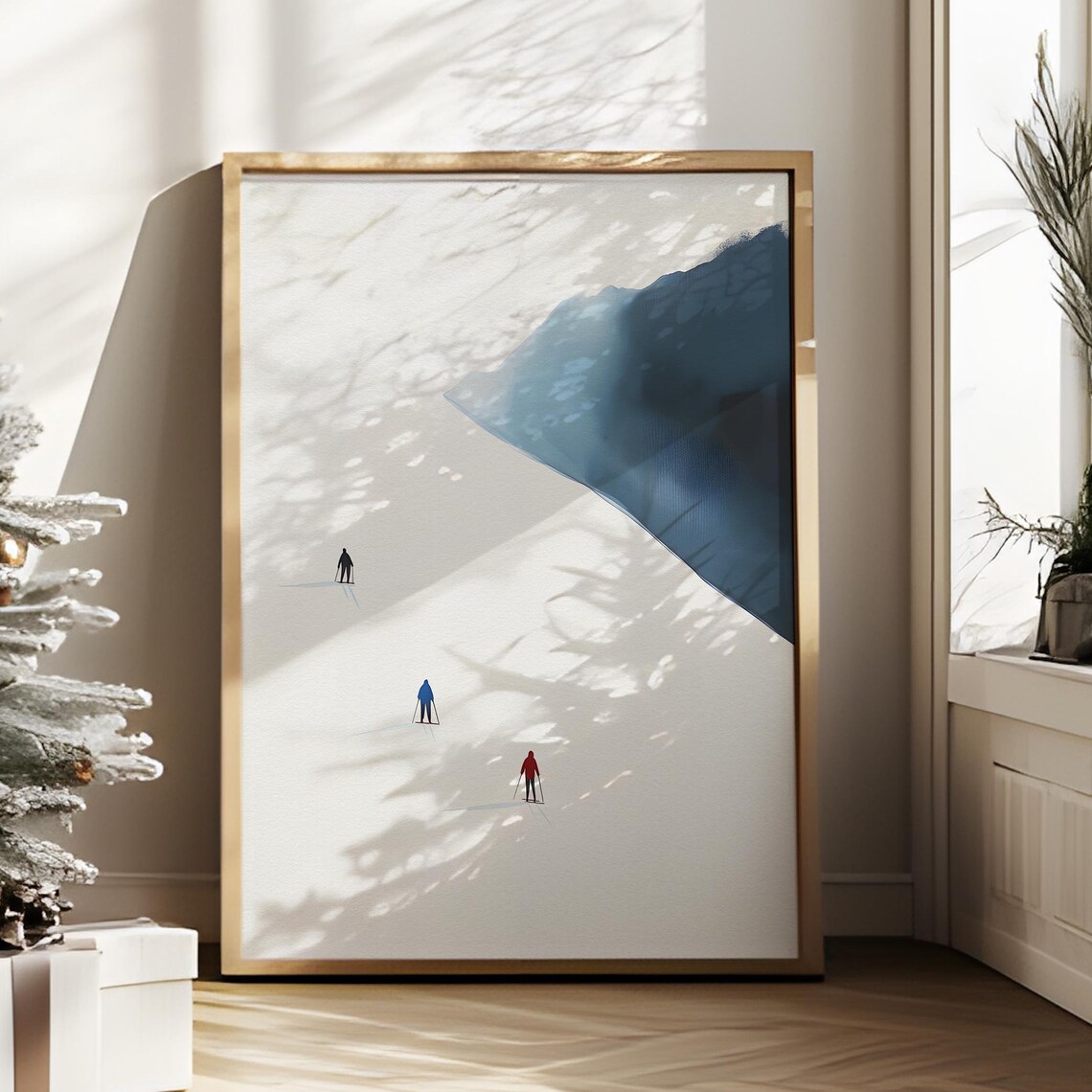 Minimalist Skiers Snowy Mountain Slope Winter Ski Trip Poster