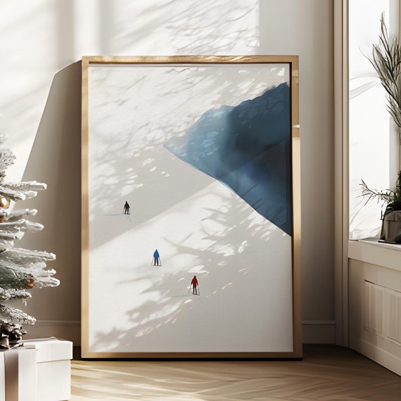 Minimal Landscape Art Skiers Wall Print For Winter Sports Lovers Winter Art Retro Ski Art Poster For Cabin Decor 1558