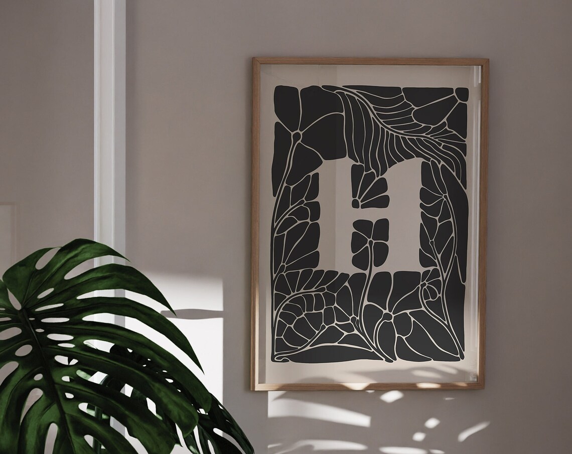 Letter H Botanical Monogram Black Floral Initial Art Nouveau Poster