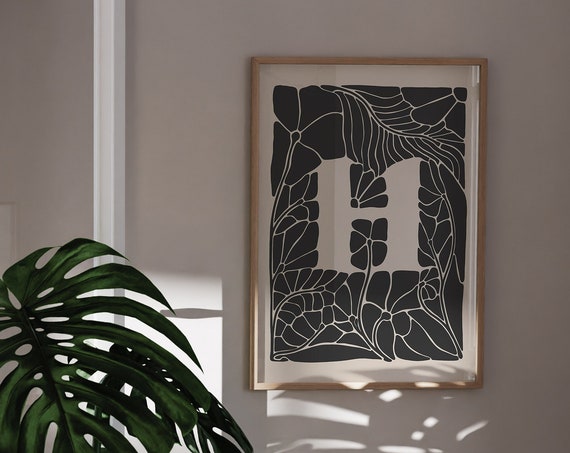 Letter H Art Print Instant Beige And Black Letter Artwork Abstract Botanical Alphabet Letter Wall Decor 0748
