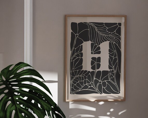 Letter H Botanical Monogram Black Floral Initial Art Nouveau Poster