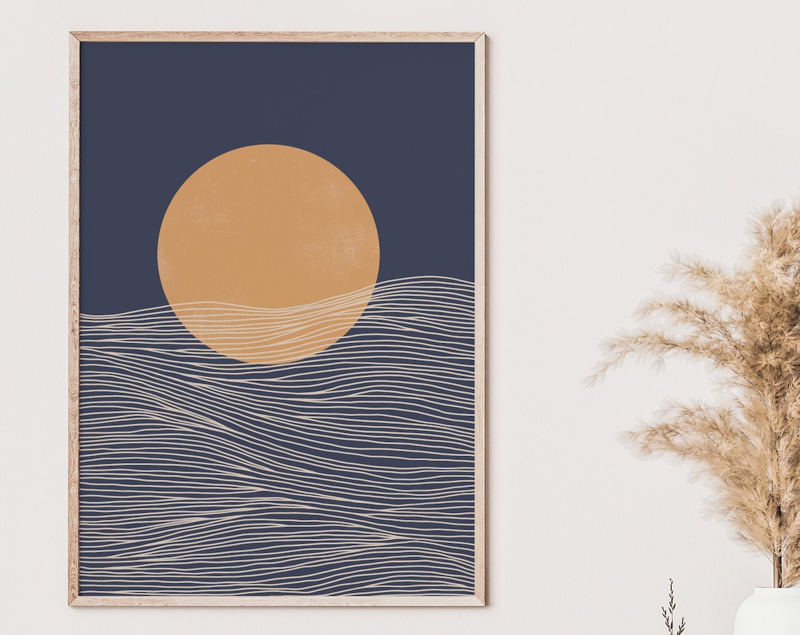 Abstract Sun Navy Blue Line Drawing, Boho Minimalist Art