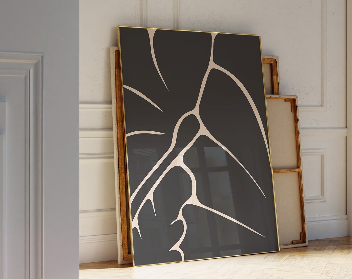 Dark Charcoal Abstract Organic Vein Lines Cream Minimal Art Poster