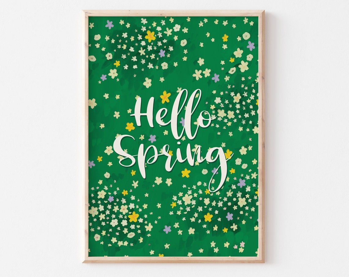 Hello Spring White Script Green Wildflower Scatter Seasonal Wall Art