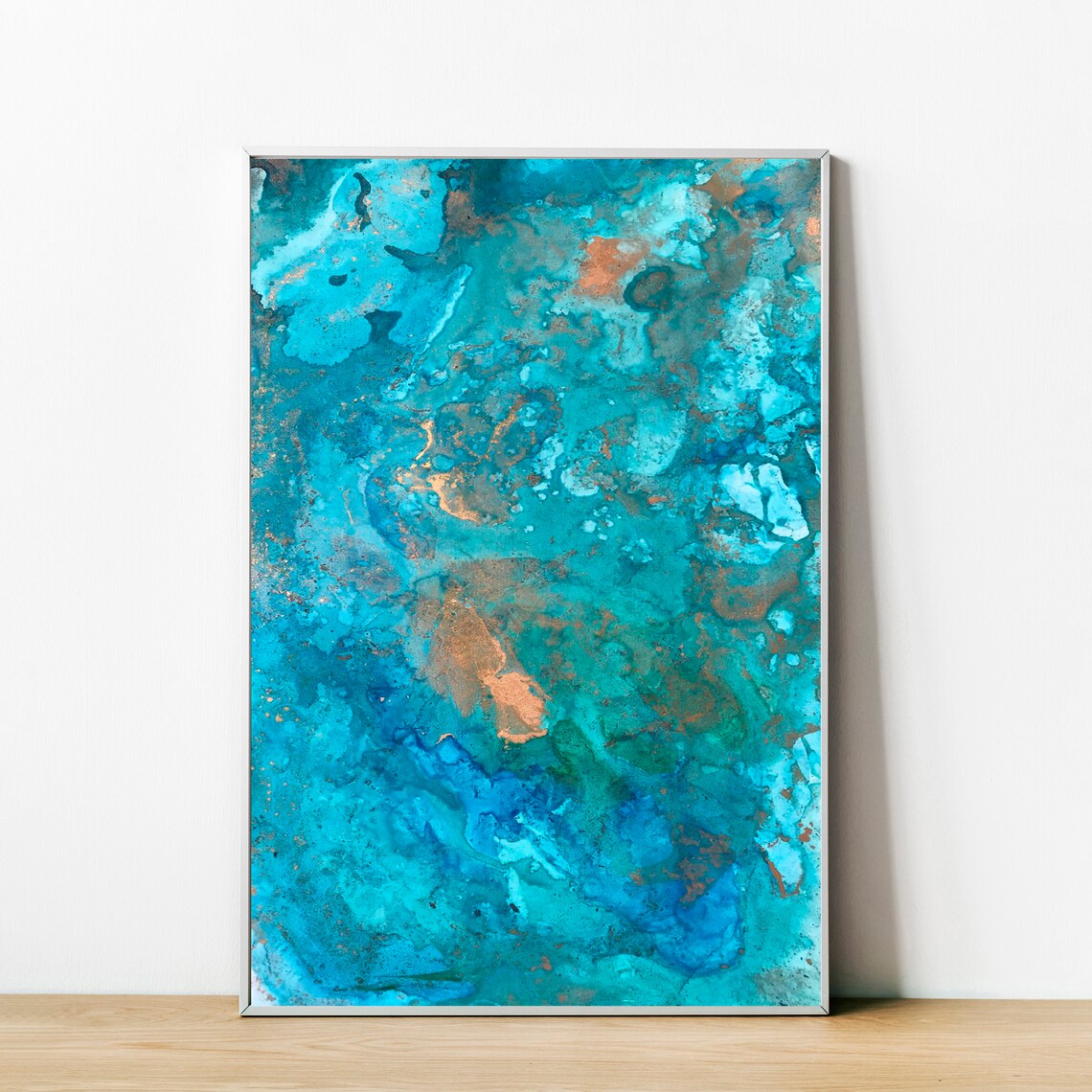 Turquoise Alcohol Ink Marine Artwork Gold Accents Coastal Wall Art