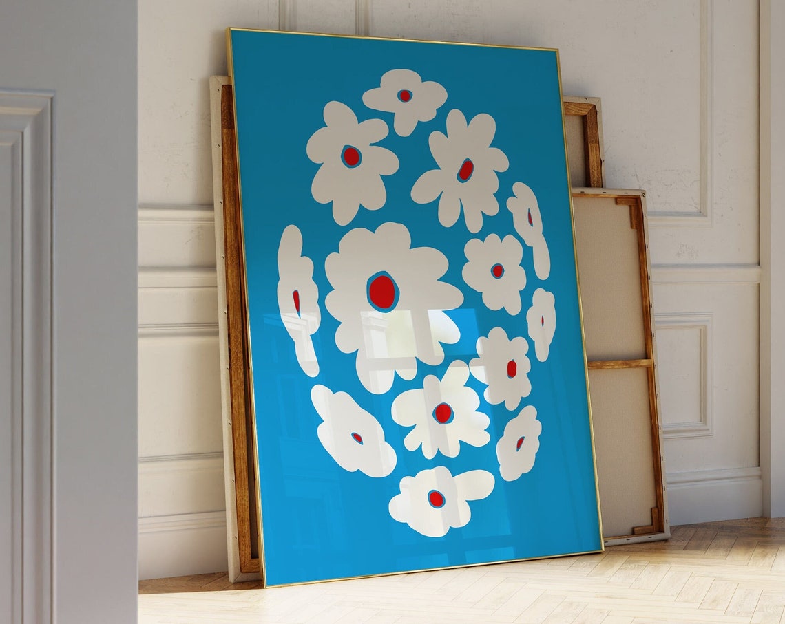 White Daisy Flowers Bright Blue Background Pop Floral Art Poster