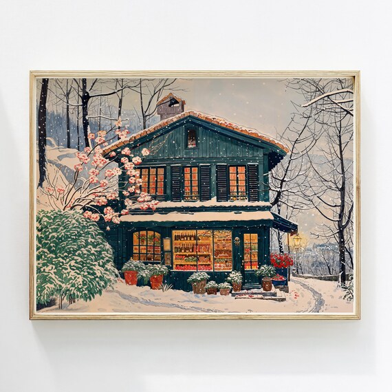 Winter Bakery Cozy Snowy Cabin Shop Poster Holiday Christmas Kitchen Art