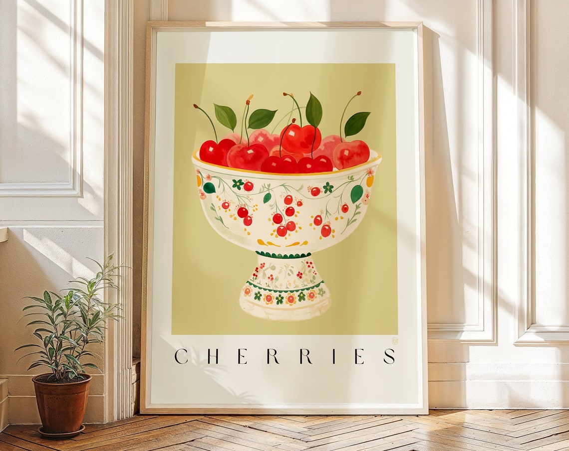 Watercolor Cherry Art Print Mid Century Room Decor Coquette Aesthetic French Style Pink Watercolor Print French Dessert Aesthetic