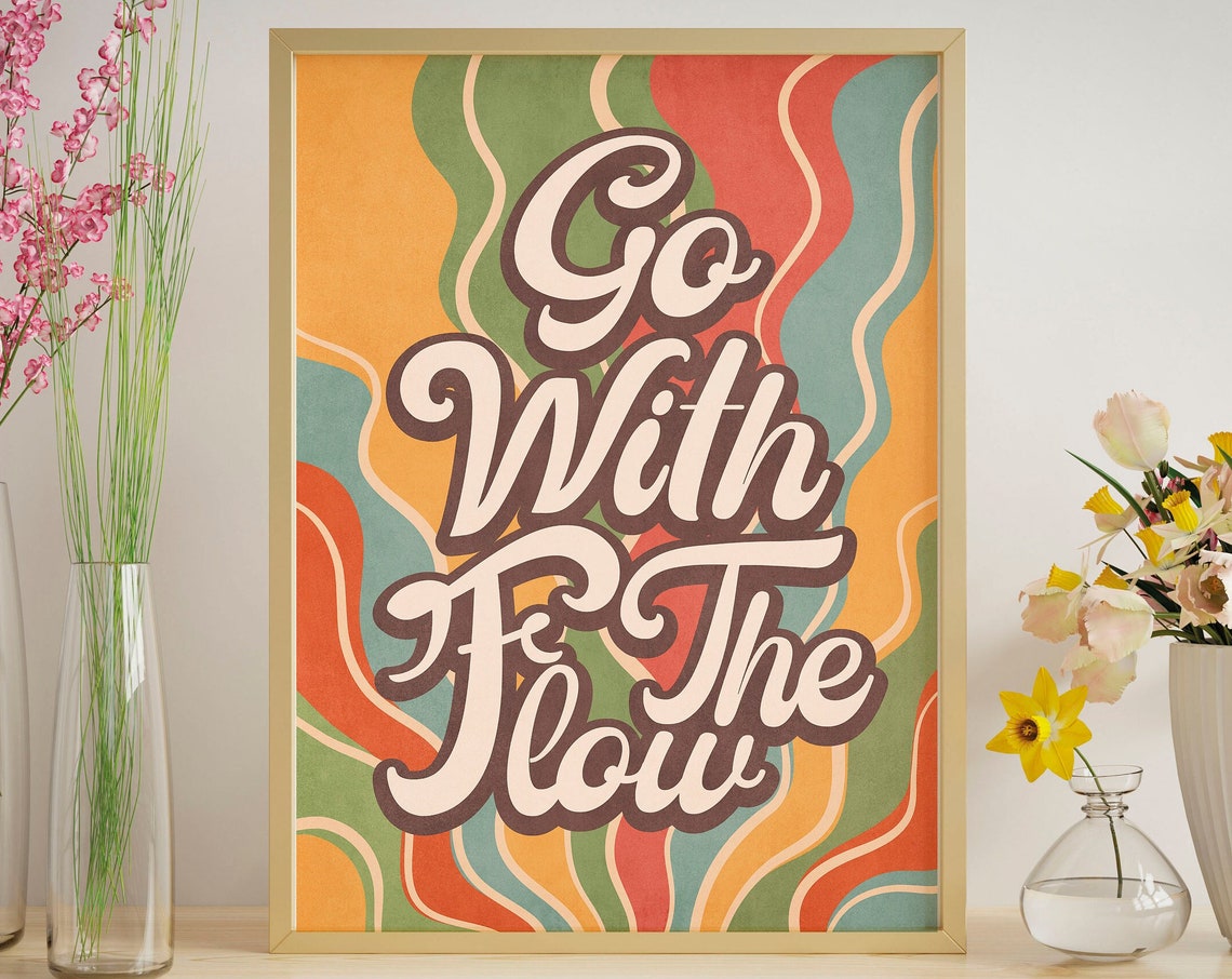Motivational Quotes Wall Art Poster Go With The Flow Retro Quote Print Colorful Posters Retro Art - Image 3