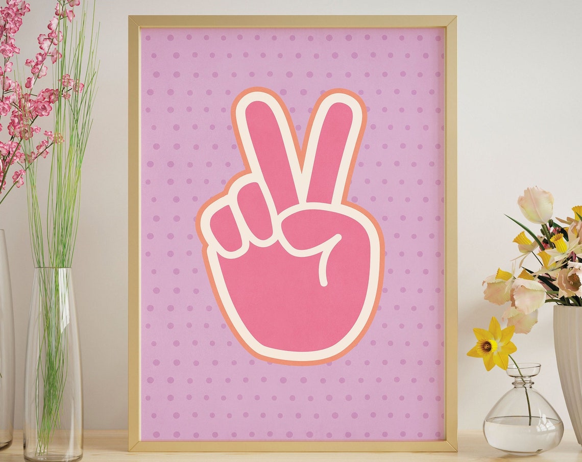 Pink Peace Hand Sign Retro Pop Art Trendy Y2K Room Decor Poster - Image 3
