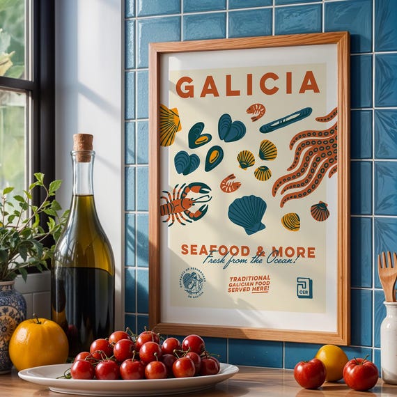 Galicia Seafood Poster, Vintage Spanish Kitchen Decor