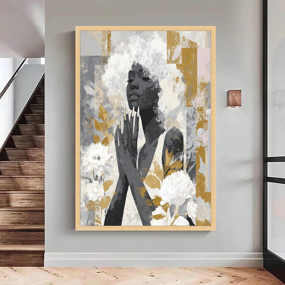 Black Woman Gold White Floral Abstract Portrait Artwork Poster