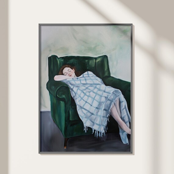 Sleeping Woman in Green Armchair Under Plaid Blanket Art Poster