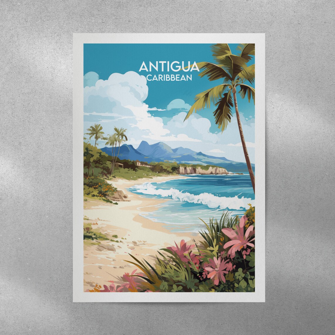 Antigua Caribbean Beach Palm Trees Tropical Coast Travel Poster - Image 4