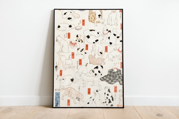 Vintage Japanese Cat Study Sheet Ukiyo E Sketches Playful Art Print