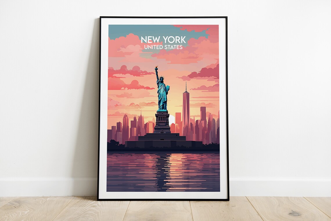 New York Statue of Liberty Sunset Pink Clouds Skyline Poster