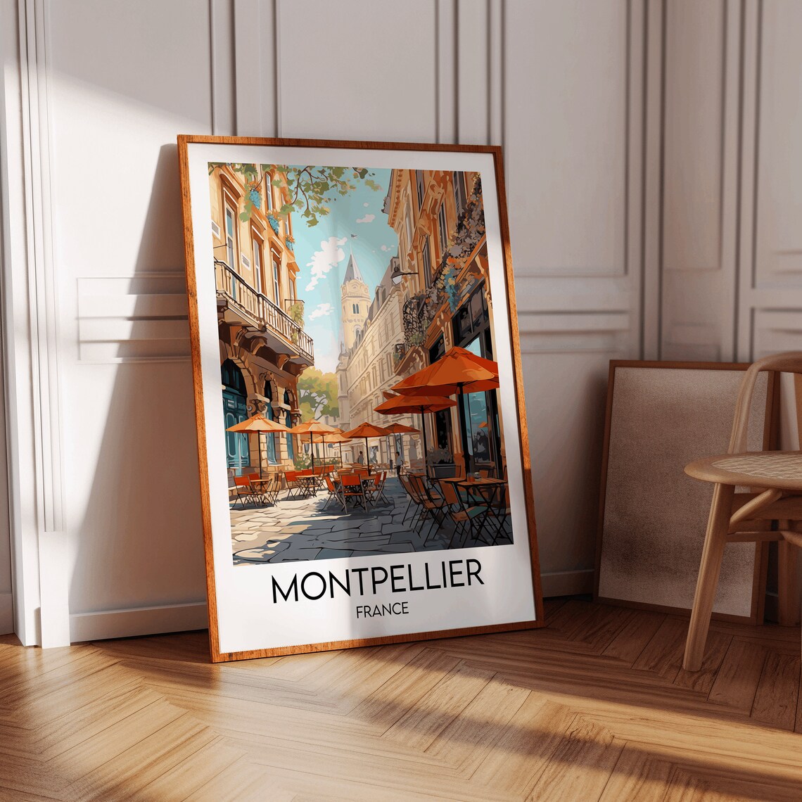 Montpellier France Travel Poster Sunlit Street Cafe Scene Artwork - Image 2