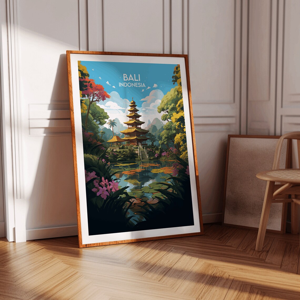 Bali Indonesia Travel Poster Temple Jungle Lotus Pond Artwork - Image 2
