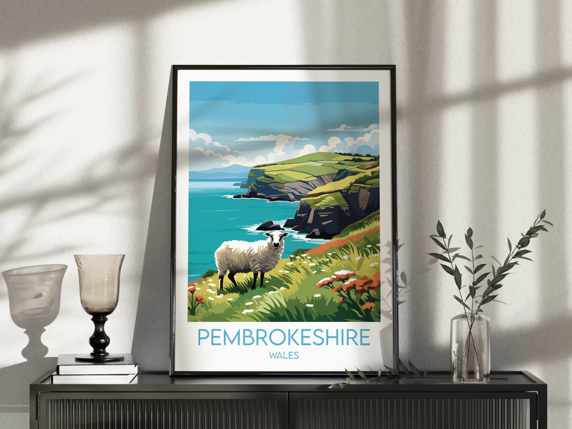Pembrokeshire Wales Coastal Cliffs Sheep Meadow Vintage Travel Poster - Image 3