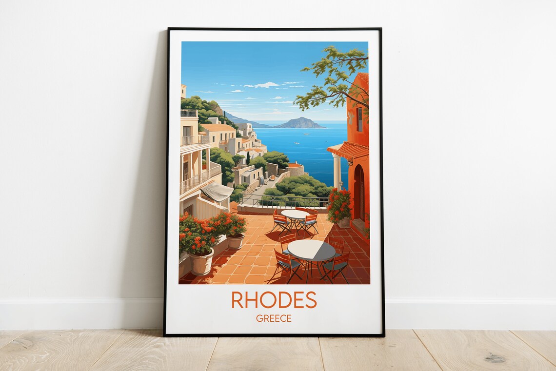 Rhodes Greece Terrace Sea View Mediterranean Island Travel Poster