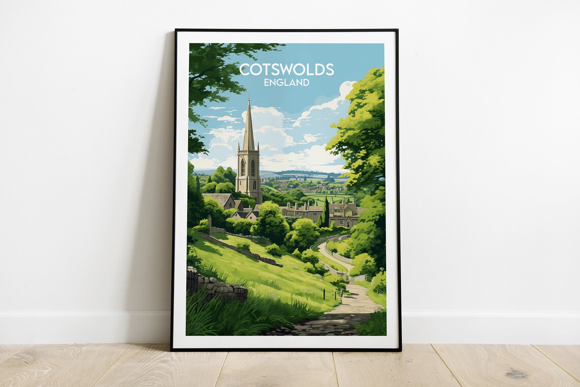 Cotswolds England Village Church Spire Green Hills Travel Poster