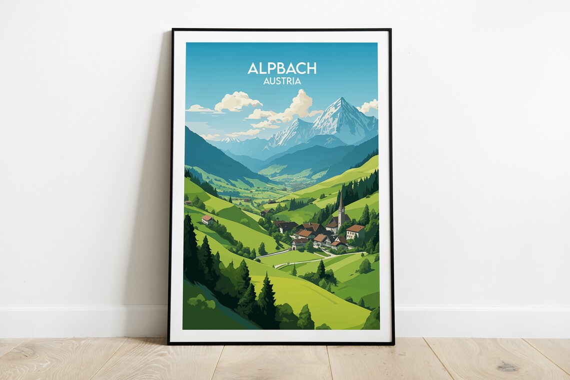 Alpbach Austria Alpine Village Mountain Valley Vintage Travel Poster