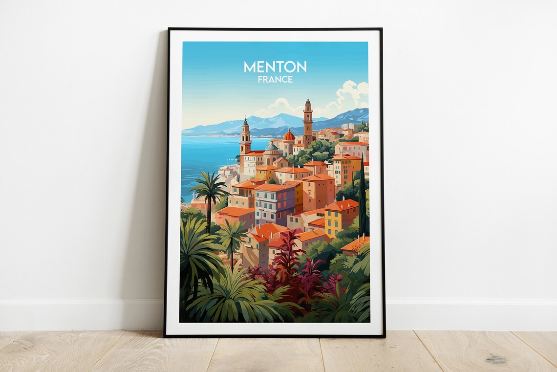 Menton France Old Town Church Towers Coast View Travel Poster
