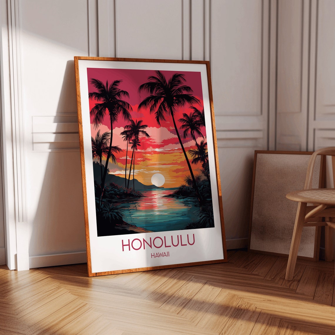 Honolulu Hawaii Vibrant Red Sunset Palm Silhouette Ocean Poster - Image 2