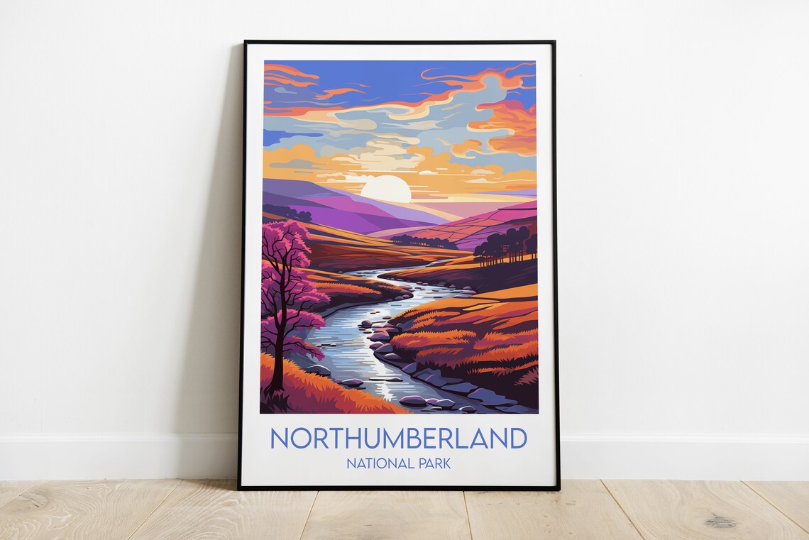 Northumberland National Park Sunset River Retro Travel Poster