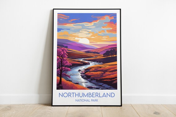 Northumberland National Park Sunset River Retro Travel Poster