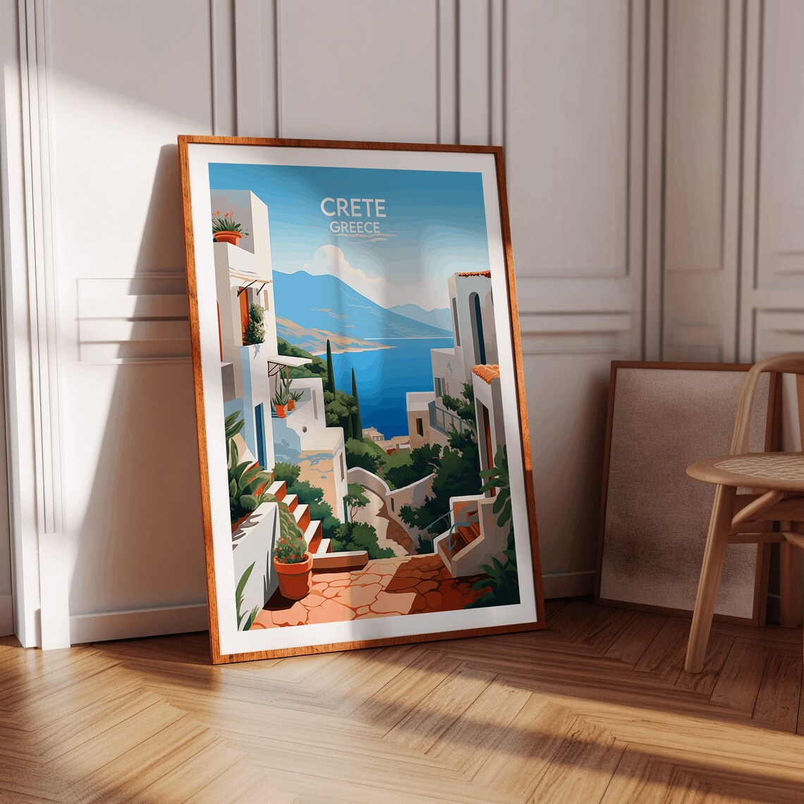 Crete Greece Whitewashed Village Stairs Sea View Mediterranean Poster - Image 4