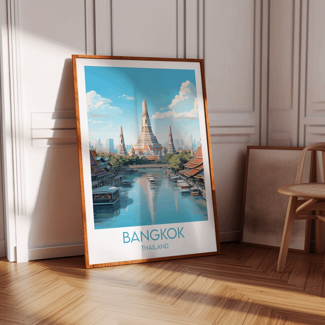 Bangkok Thailand Riverside Temple and Riverboats Retro Travel Poster - Image 2