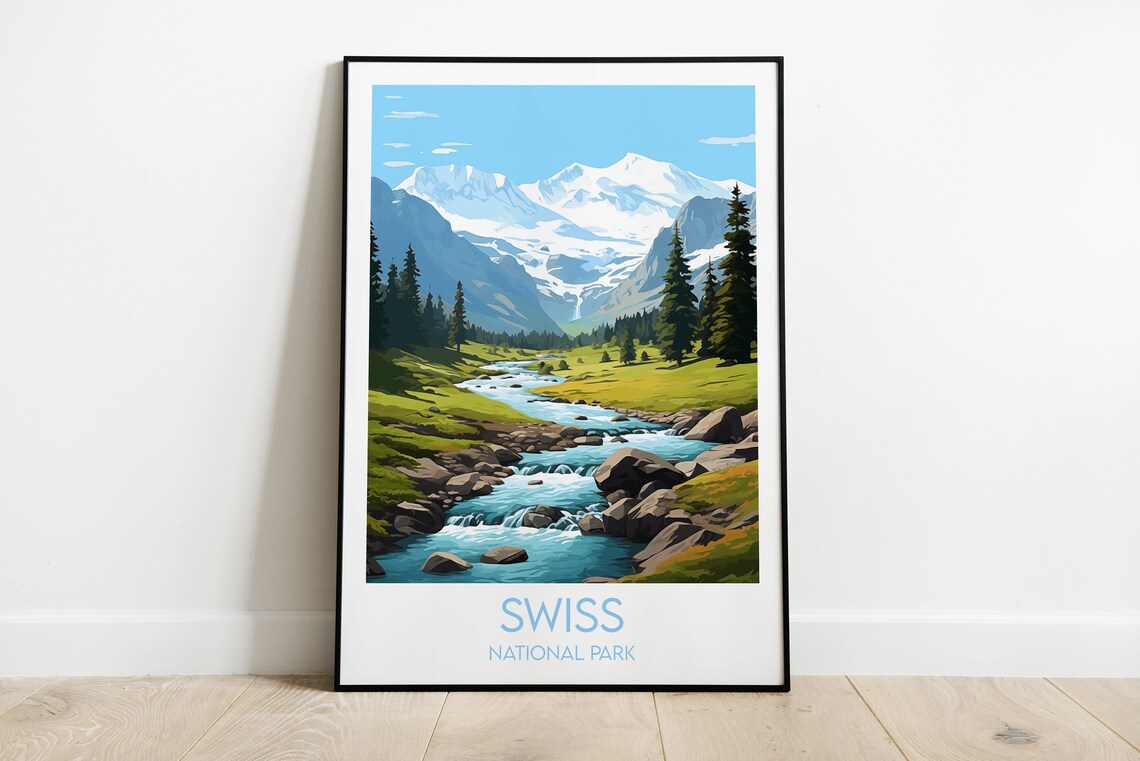 Swiss National Park Mountain Stream Black Lettering Travel Poster
