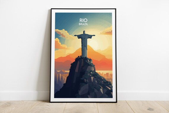 Christ the Redeemer Statue Rio Brazil Golden Sunset Travel Poster
